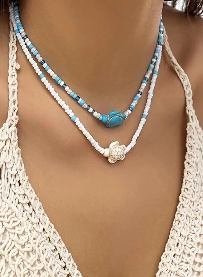 MarveBard Colorful Beaded Choker Necklace for Women Bohemian Starfish Turtle Shell Layered Necklace Handmade Adjustable Colorful Rice Beads Charm Choker Necklace Boho Beach Summer Ocean Hawaii Jewelry (Turtle) - Image 2